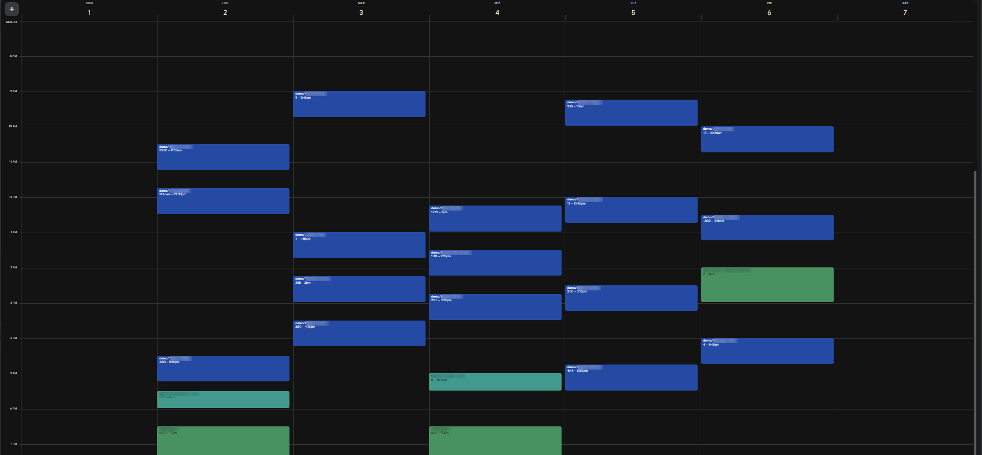 Calendario semanal con demos agendadas